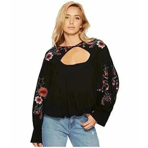 Free People Top Black Embroidered Floral Balloon Long Sleeve Button Sz S